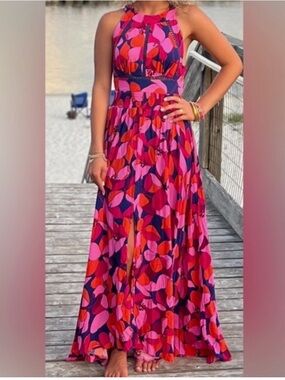 Anthropologie Vibrant Pink & Red Halter Floral-Print Maxi Dress